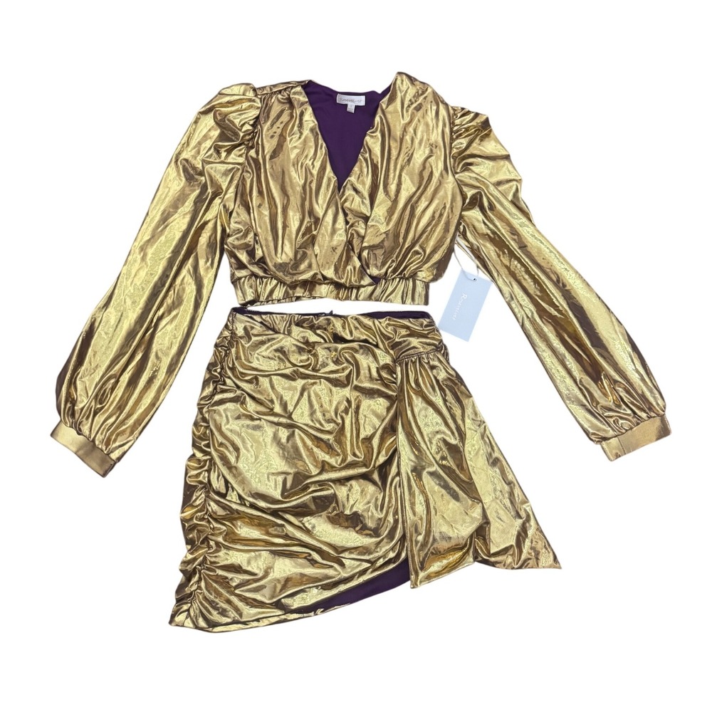 Rosevelt Gold Ruched Metallic Crop Top Long Sleeve‎ Skirt Set S